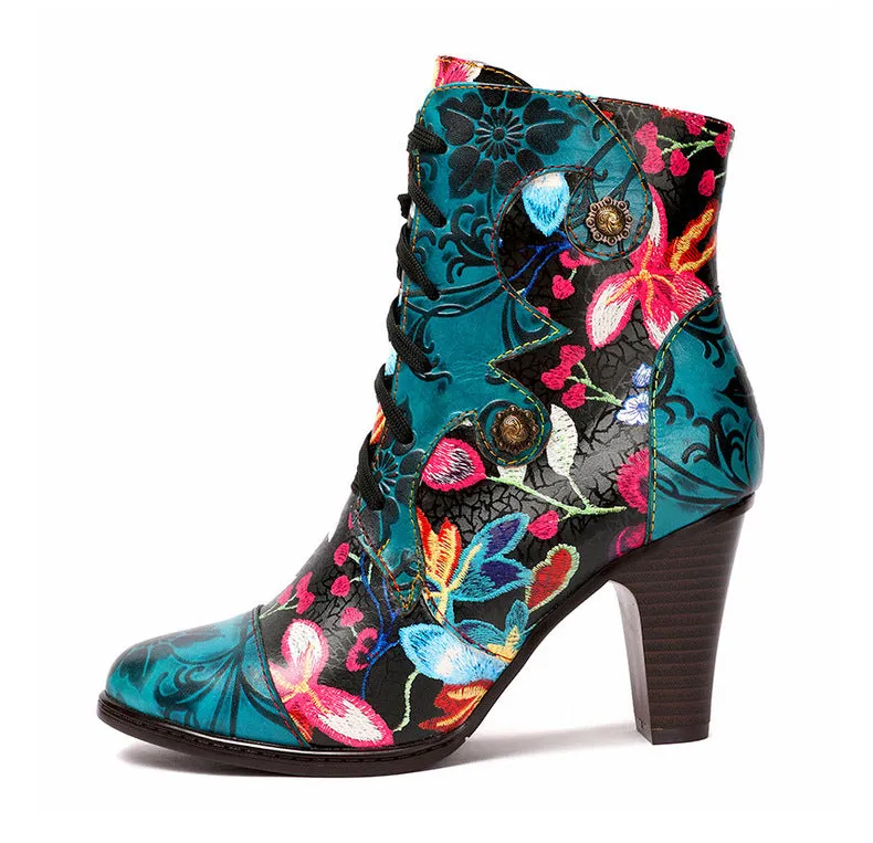 European And Beautiful Women Boots Autumn And Winter Fashion Ethnic Leather Handmade Retro Floral Shoes High-Heeled Boots