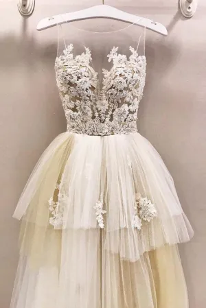 Fairy A Line Sweep Train Backless Sleeveless Appliques Ruffles Long Tulle Prom Dress Evening Dress OHC239