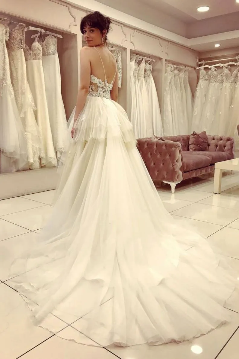 Fairy A Line Sweep Train Backless Sleeveless Appliques Ruffles Long Tulle Prom Dress Evening Dress OHC239