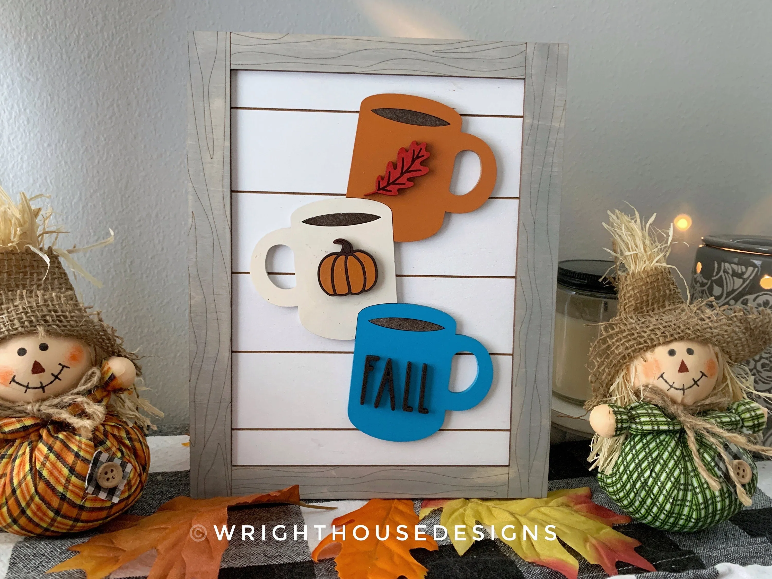 Fall Stacked Coffee Mugs Farmhouse Frame Sign - Autumn Tiered Tray Decor and DIY Kits - Cut File For Glowforge Lasers - Digital SVG File