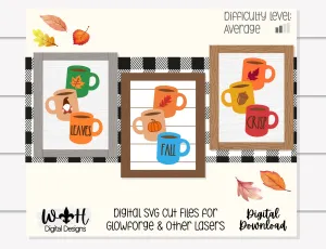 Fall Stacked Coffee Mugs Farmhouse Frame Sign Bundle - Tiered Tray Decor and DIY Kits - Cut File For Glowforge Lasers - Digital SVG File