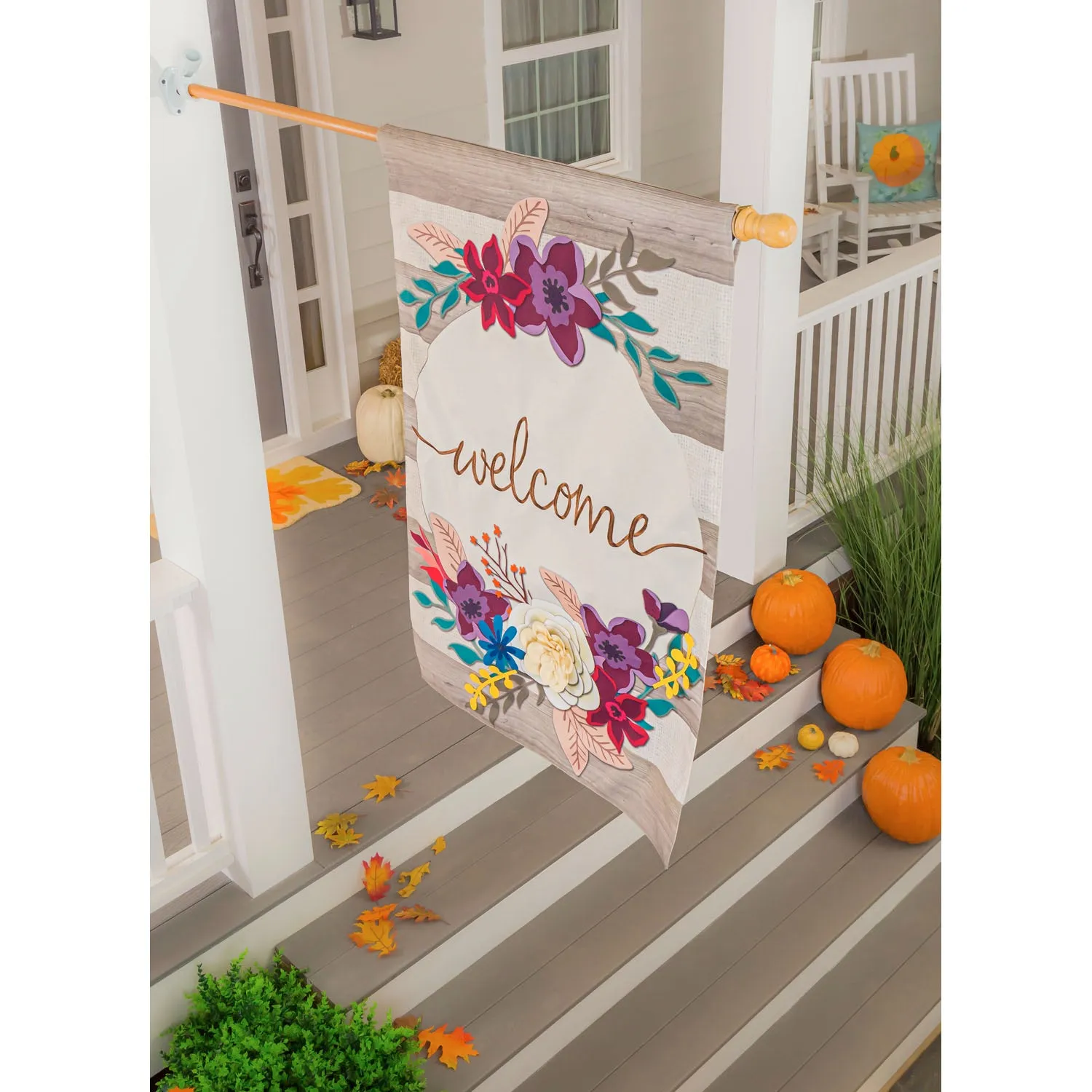 Fall Stripes Welcome House Linen Flag,13l9346bl