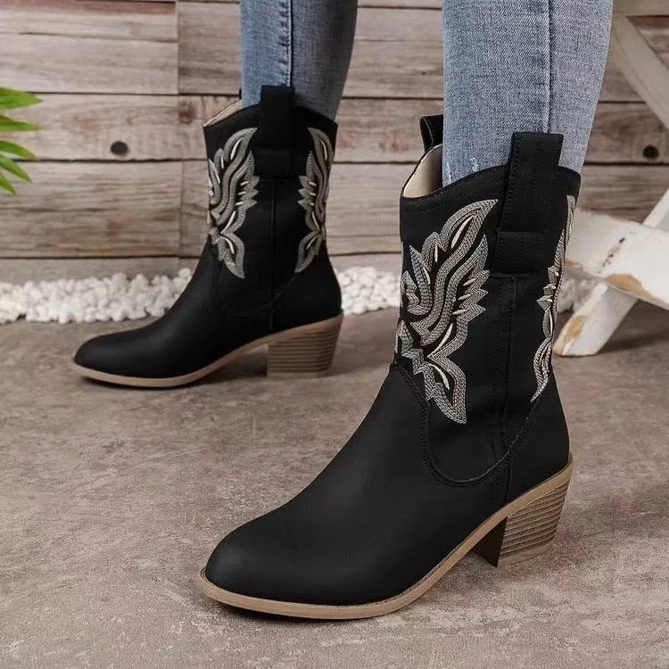 Fashion Chunky-heeled Pointed Toe Boots Winter Ethnic Style