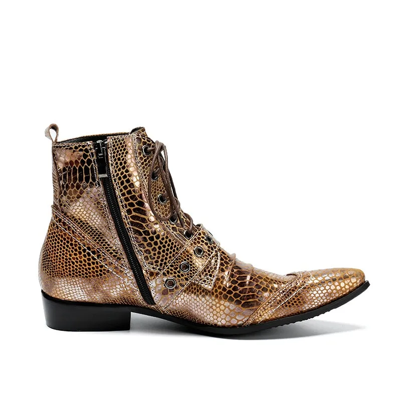 Fashion Snake Pattern Gold Men Genuine Leather Boots Pointed Toe Men Ankle Boots Luxury Lace Up Motorcycle Boots