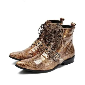 Fashion Snake Pattern Gold Men Genuine Leather Boots Pointed Toe Men Ankle Boots Luxury Lace Up Motorcycle Boots