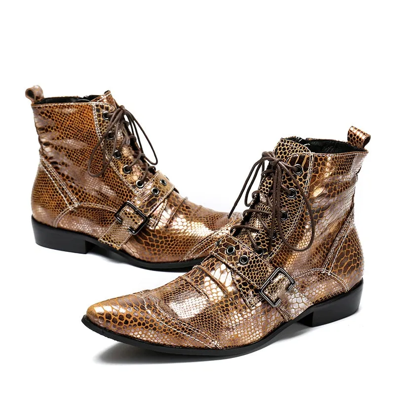 Fashion Snake Pattern Gold Men Genuine Leather Boots Pointed Toe Men Ankle Boots Luxury Lace Up Motorcycle Boots