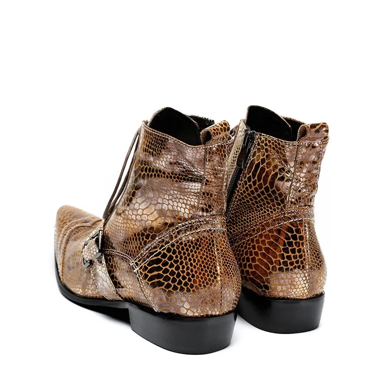 Fashion Snake Pattern Gold Men Genuine Leather Boots Pointed Toe Men Ankle Boots Luxury Lace Up Motorcycle Boots