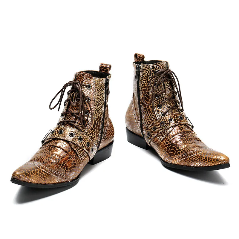 Fashion Snake Pattern Gold Men Genuine Leather Boots Pointed Toe Men Ankle Boots Luxury Lace Up Motorcycle Boots