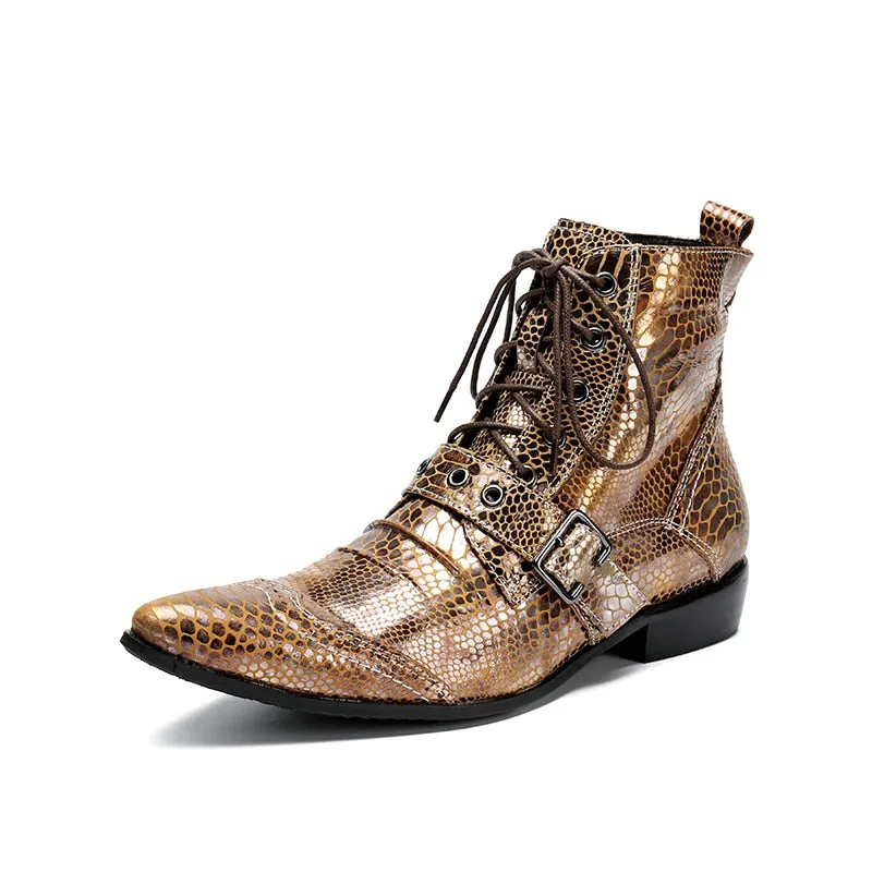Fashion Snake Pattern Gold Men Genuine Leather Boots Pointed Toe Men Ankle Boots Luxury Lace Up Motorcycle Boots
