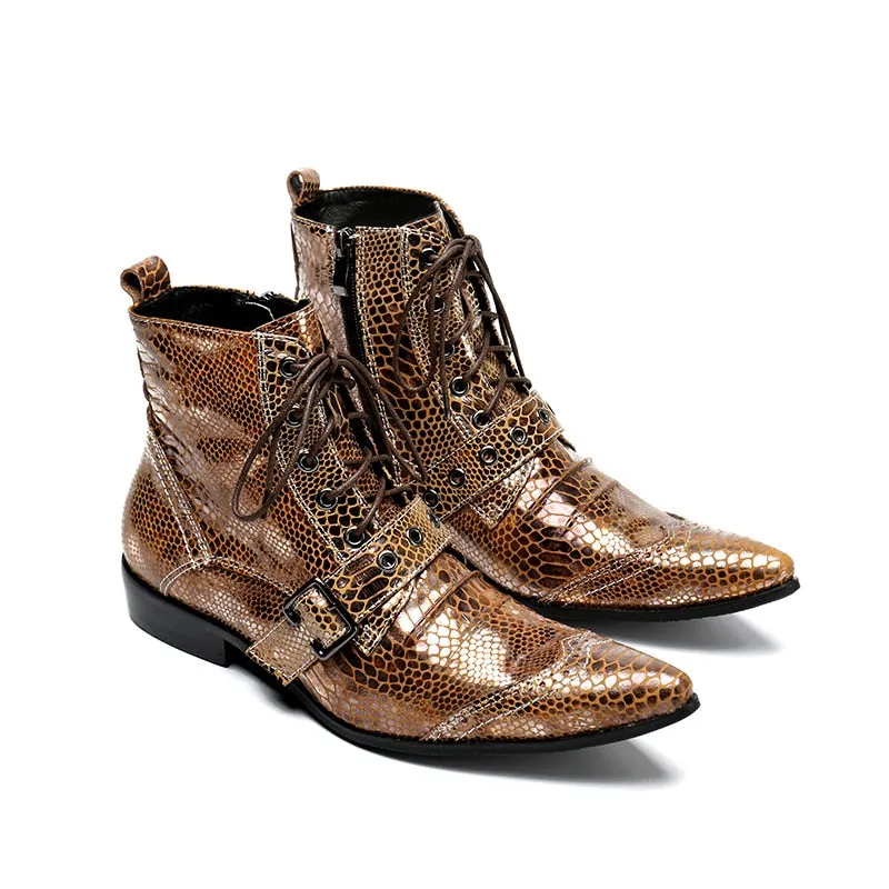 Fashion Snake Pattern Gold Men Genuine Leather Boots Pointed Toe Men Ankle Boots Luxury Lace Up Motorcycle Boots