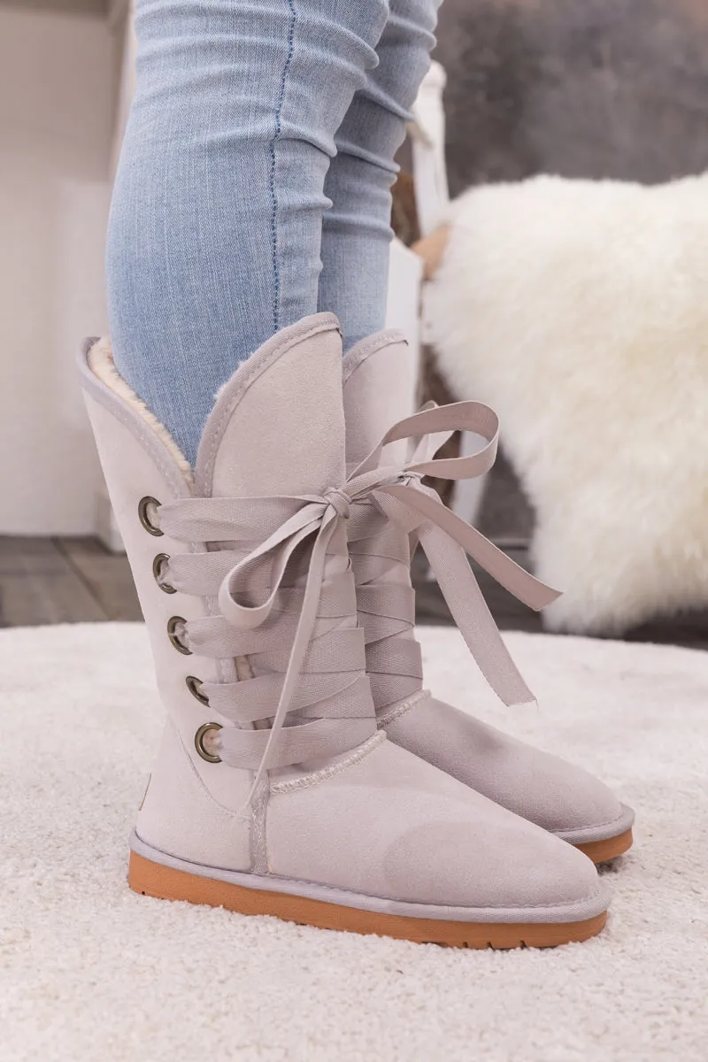 Faux Fur -Lined Ribbon Suede Tie Up Boots - Ash