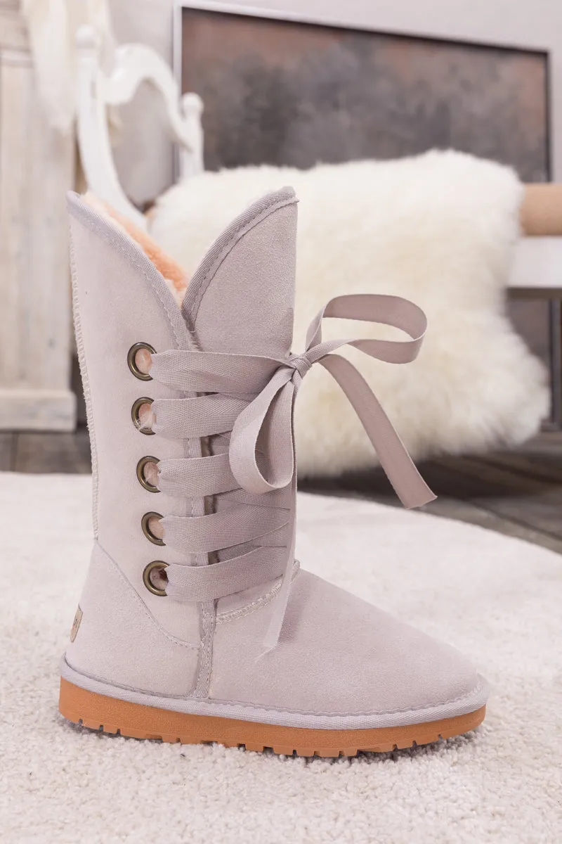Faux Fur -Lined Ribbon Suede Tie Up Boots - Ash