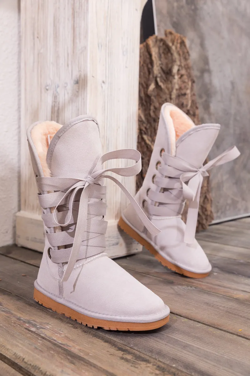 Faux Fur -Lined Ribbon Suede Tie Up Boots - Ash