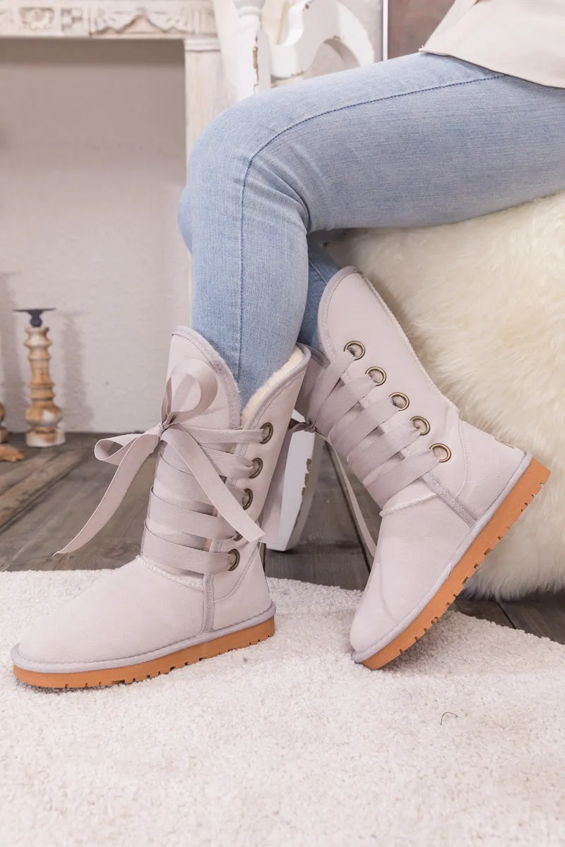 Faux Fur -Lined Ribbon Suede Tie Up Boots - Ash