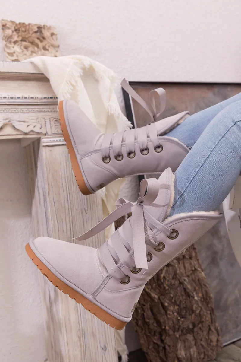 Faux Fur -Lined Ribbon Suede Tie Up Boots - Ash