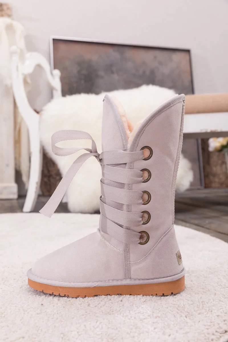 Faux Fur -Lined Ribbon Suede Tie Up Boots - Ash