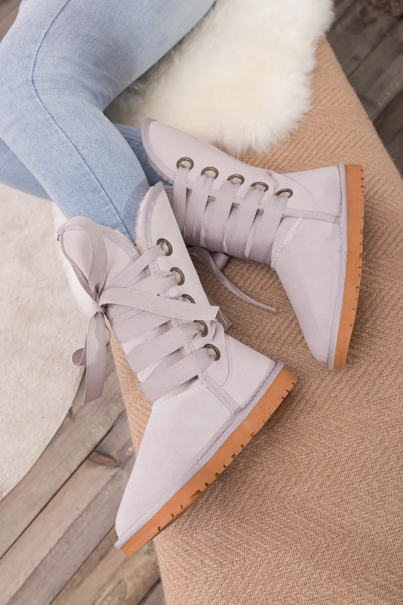 Faux Fur -Lined Ribbon Suede Tie Up Boots - Ash