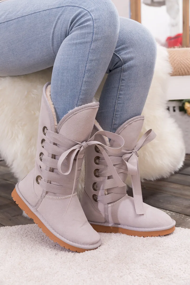 Faux Fur -Lined Ribbon Suede Tie Up Boots - Ash