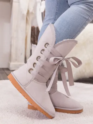 Faux Fur -Lined Ribbon Suede Tie Up Boots - Ash