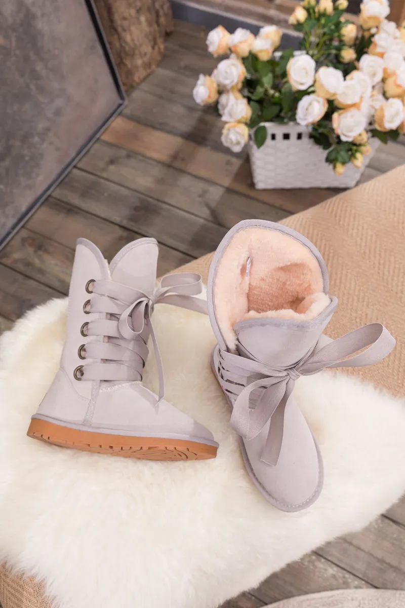 Faux Fur -Lined Ribbon Suede Tie Up Boots - Ash