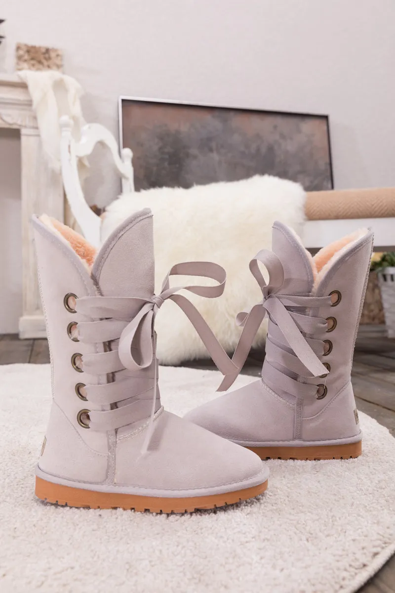 Faux Fur -Lined Ribbon Suede Tie Up Boots - Ash