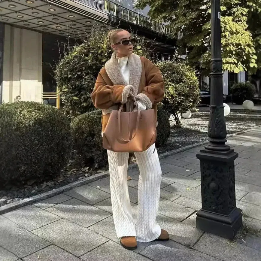 Faux Shearling Jacket | Polyester | Camel Suede & Cream Lining