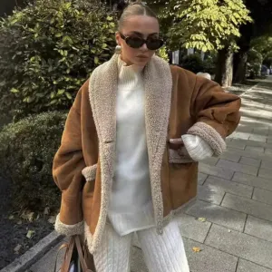 Faux Shearling Jacket | Polyester | Camel Suede & Cream Lining