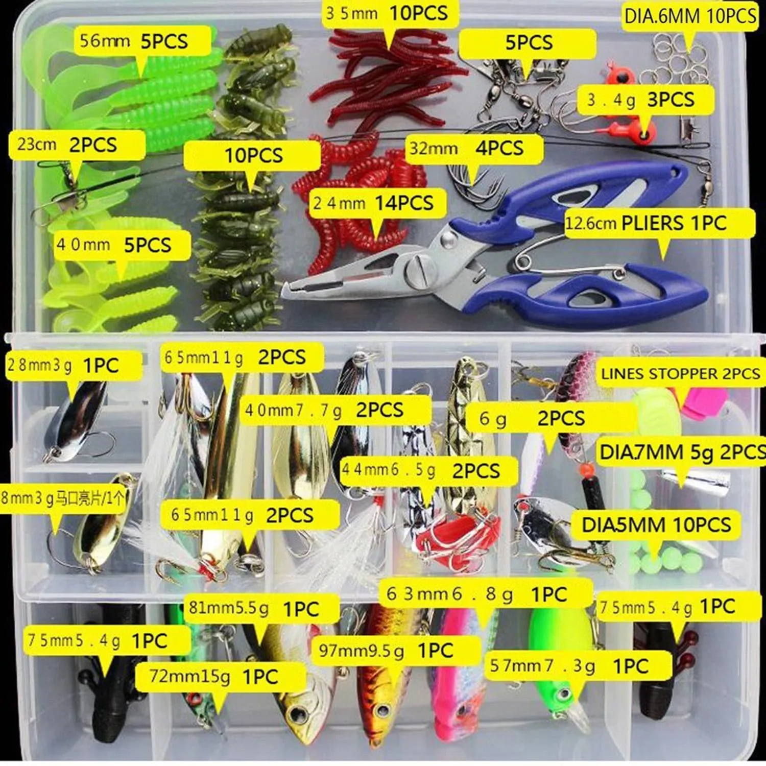 Fishing Lures Assorted Starter Set with Tackle Box, Include Frog Minnow Popper Pencil Crank Spoon Spinner Maggot Shrimp Baits Swivels for Freshwater Trout Bass Salmon
