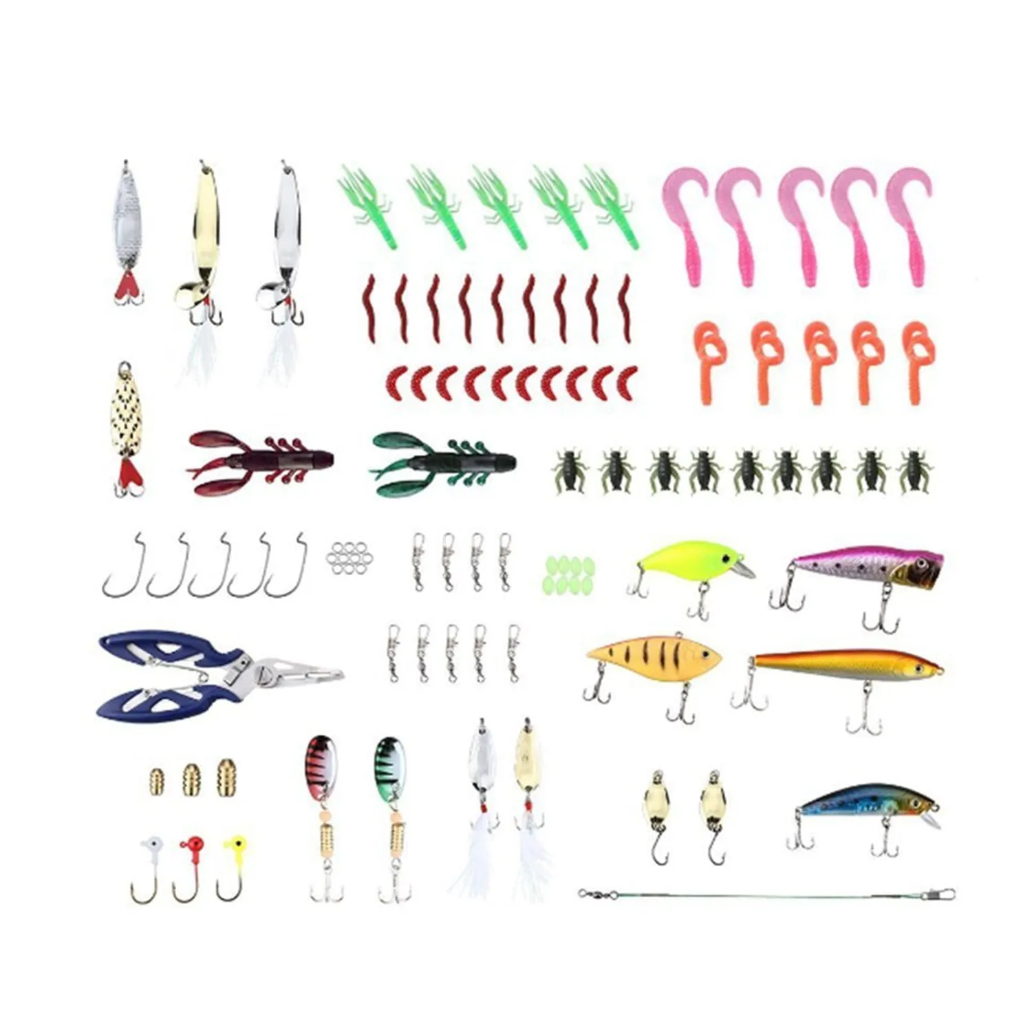 Fishing Lures Assorted Starter Set with Tackle Box, Include Frog Minnow Popper Pencil Crank Spoon Spinner Maggot Shrimp Baits Swivels for Freshwater Trout Bass Salmon