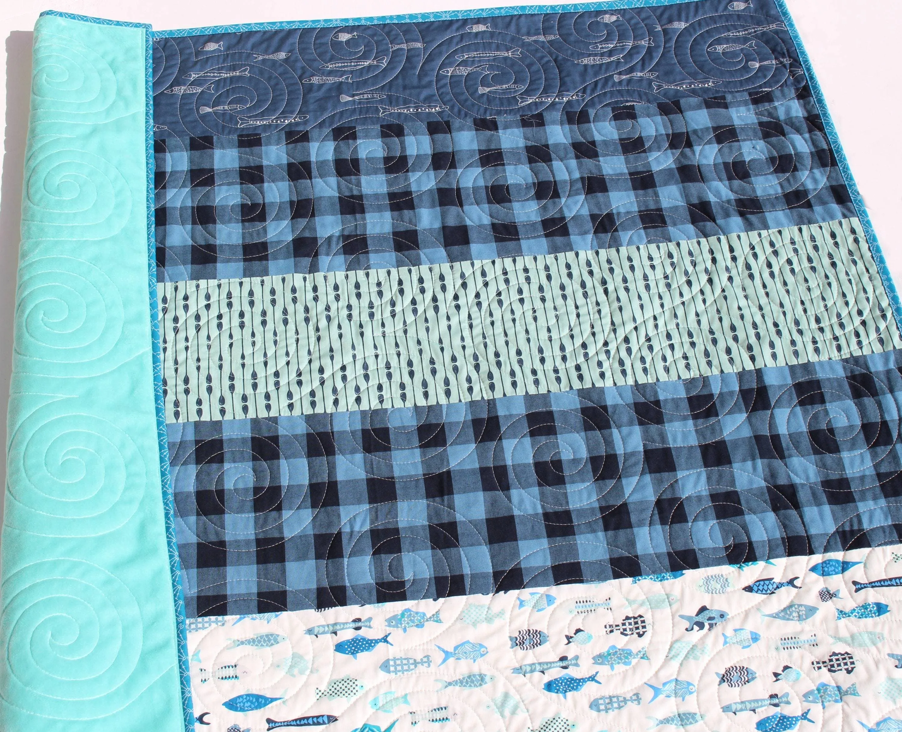 Fishing Quilt Kit Plaid Stripe Rustic Woodland Bedding Crib Blanket Quilting Project Baby Quilt Kit Toddler Size Minky Fish Plaid Strip