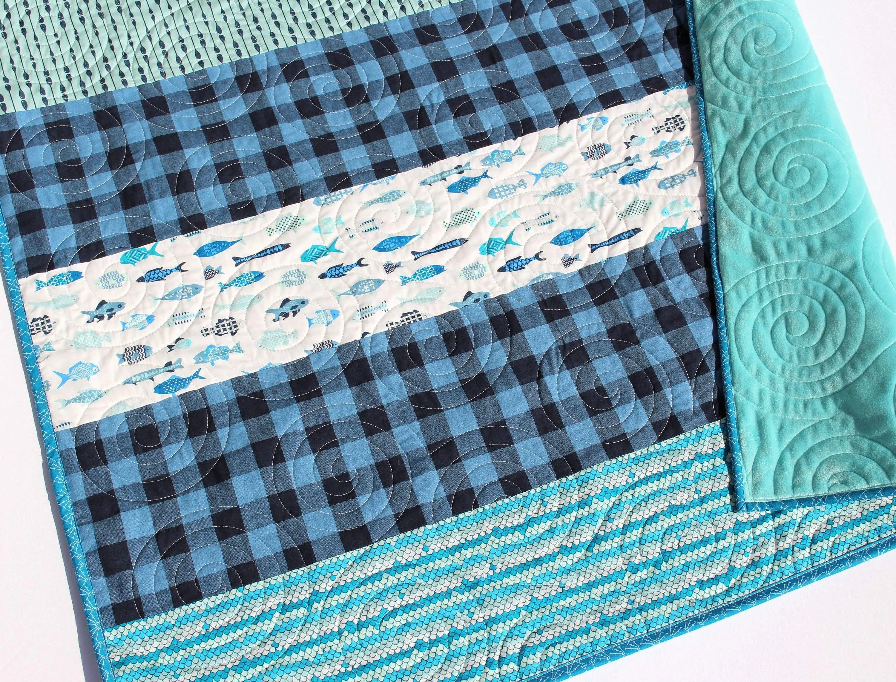 Fishing Quilt Kit Plaid Stripe Rustic Woodland Bedding Crib Blanket Quilting Project Baby Quilt Kit Toddler Size Minky Fish Plaid Strip