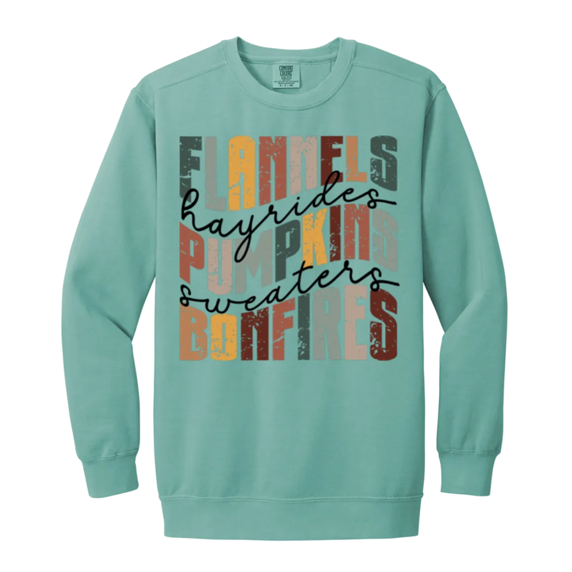 Flannels, Hayrides, and Bonfires Comfort Colors Crewneck Sweatshirt – Embrace the Autumn Spirit!