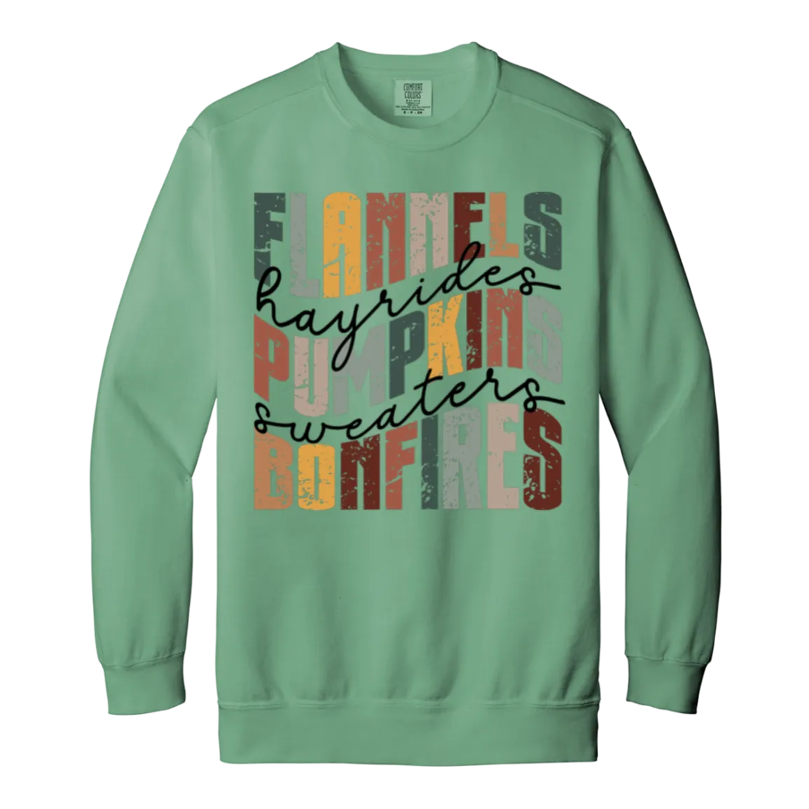 Flannels, Hayrides, and Bonfires Comfort Colors Crewneck Sweatshirt – Embrace the Autumn Spirit!