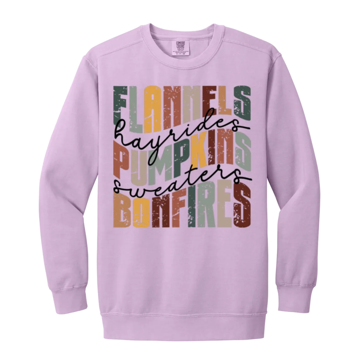 Flannels, Hayrides, and Bonfires Comfort Colors Crewneck Sweatshirt – Embrace the Autumn Spirit!