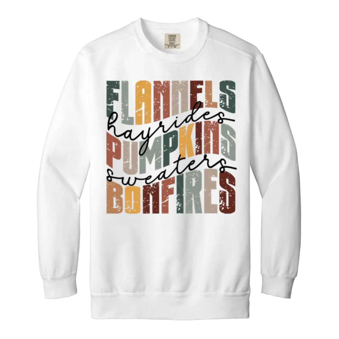 Flannels, Hayrides, and Bonfires Comfort Colors Crewneck Sweatshirt – Embrace the Autumn Spirit!