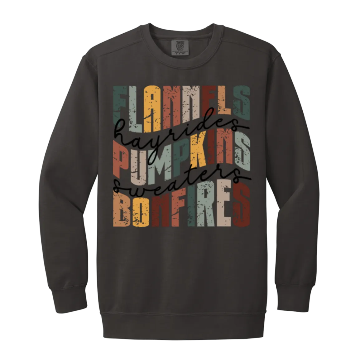 Flannels, Hayrides, and Bonfires Comfort Colors Crewneck Sweatshirt – Embrace the Autumn Spirit!