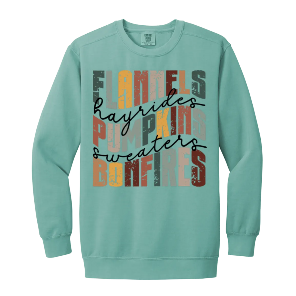 Flannels, Hayrides, and Bonfires Comfort Colors Crewneck Sweatshirt – Embrace the Autumn Spirit!