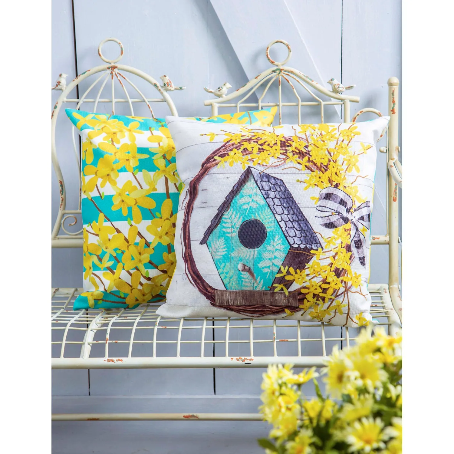Forsythia and Birdhouse Wreath Interchangeable Pillow Cover,4plc426