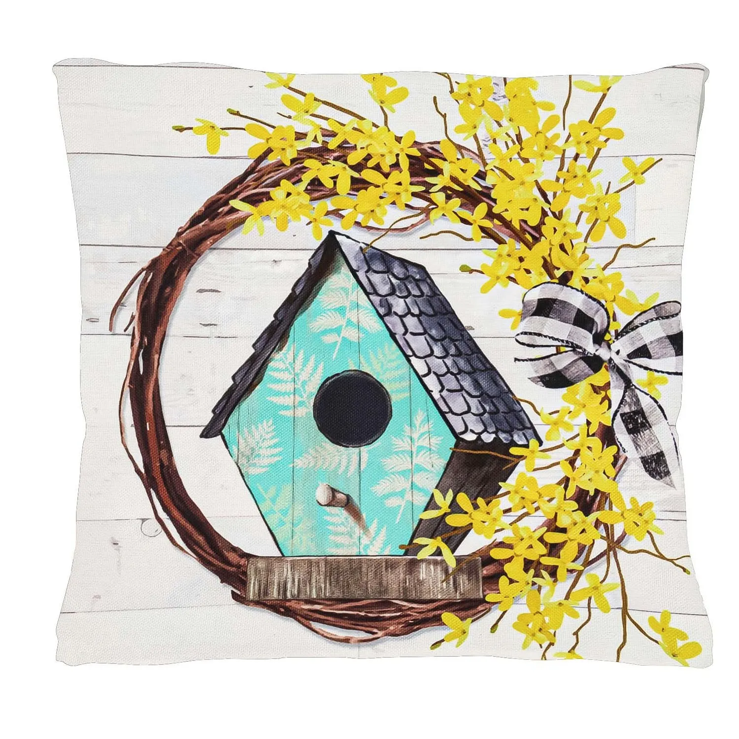 Forsythia and Birdhouse Wreath Interchangeable Pillow Cover,4plc426