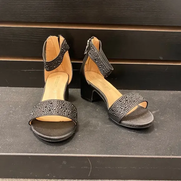 Girls Black Satin Strappy Low Heel Sandal