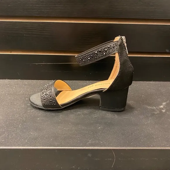 Girls Black Satin Strappy Low Heel Sandal