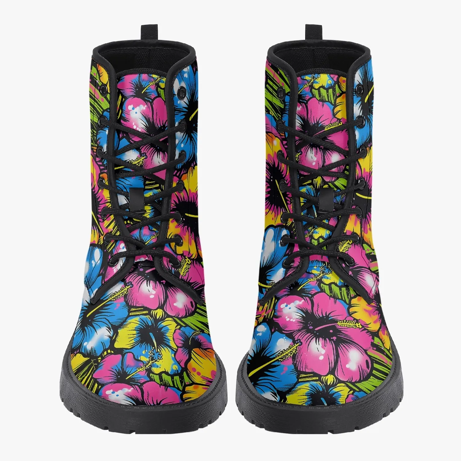 Graffiti Flowers Leather Combat Boots