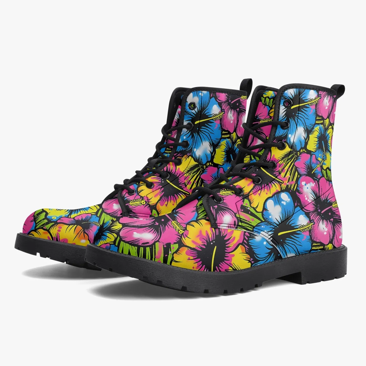 Graffiti Flowers Leather Combat Boots
