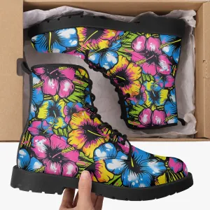 Graffiti Flowers Leather Combat Boots