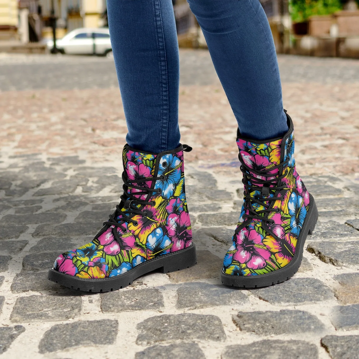 Graffiti Flowers Leather Combat Boots