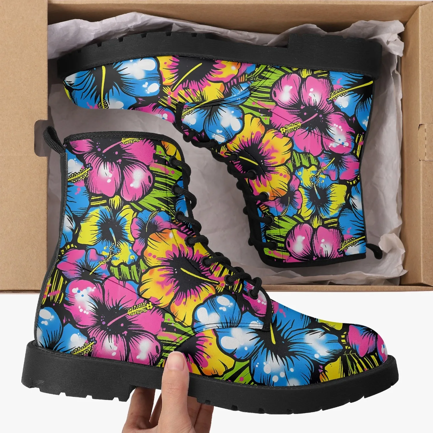 Graffiti Flowers Leather Combat Boots