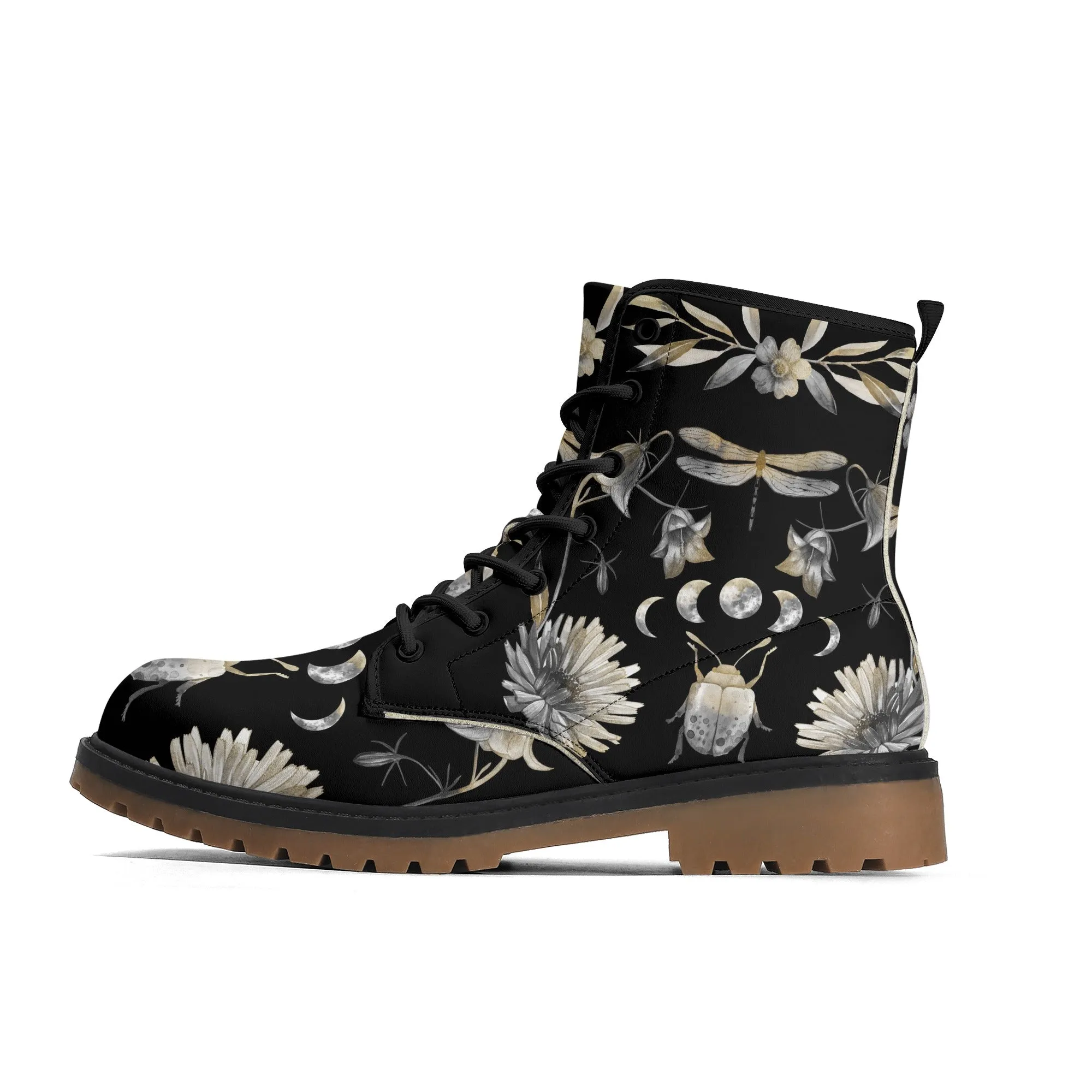 Gray Beetle and Moon Phases Womens Luxe Combat Boots
