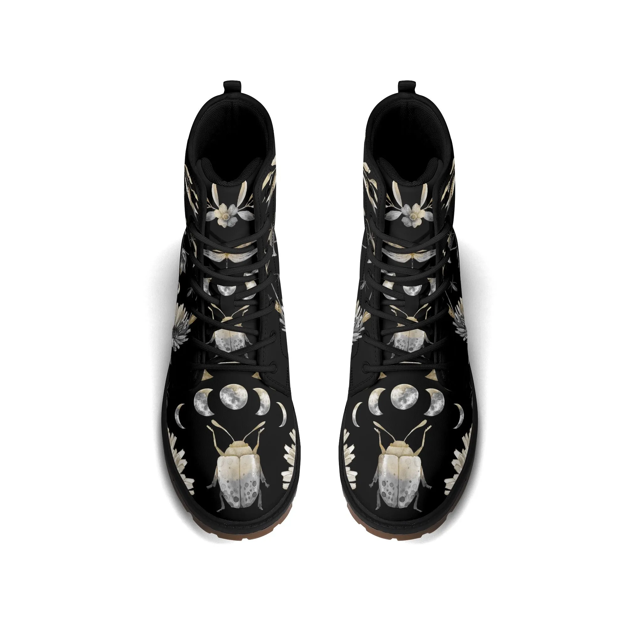 Gray Beetle and Moon Phases Womens Luxe Combat Boots