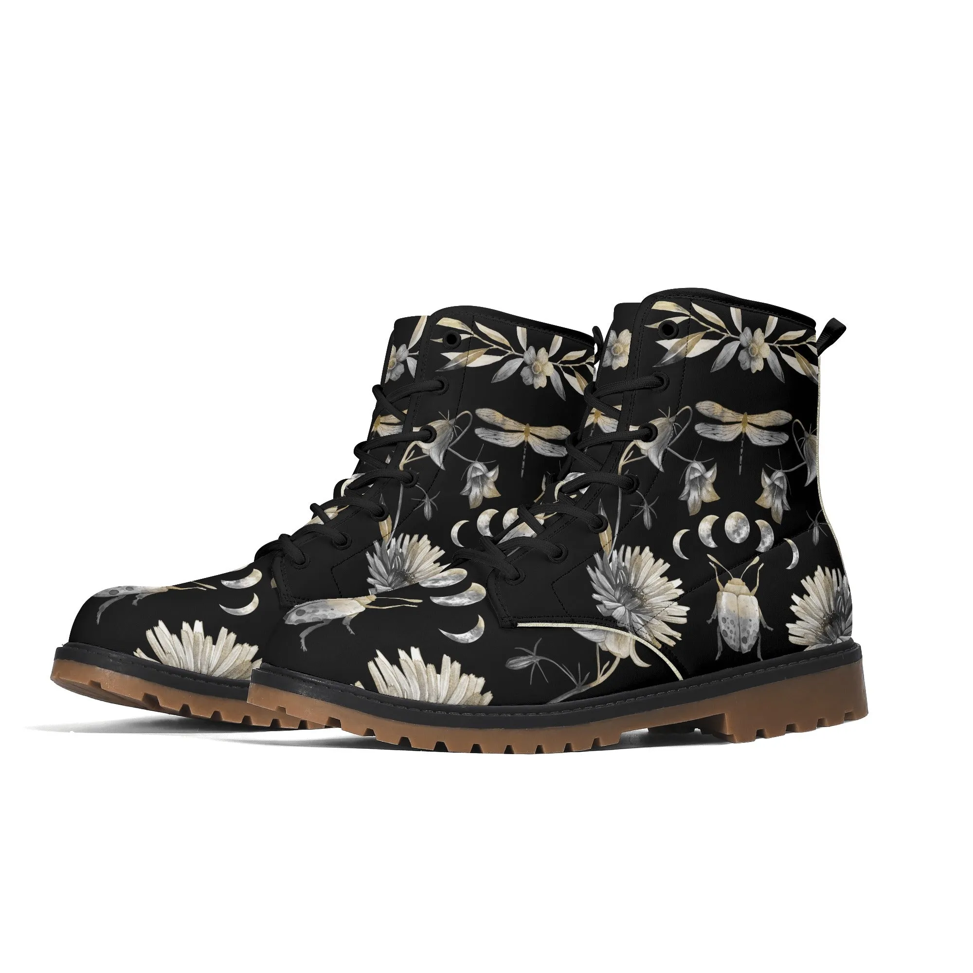 Gray Beetle and Moon Phases Womens Luxe Combat Boots