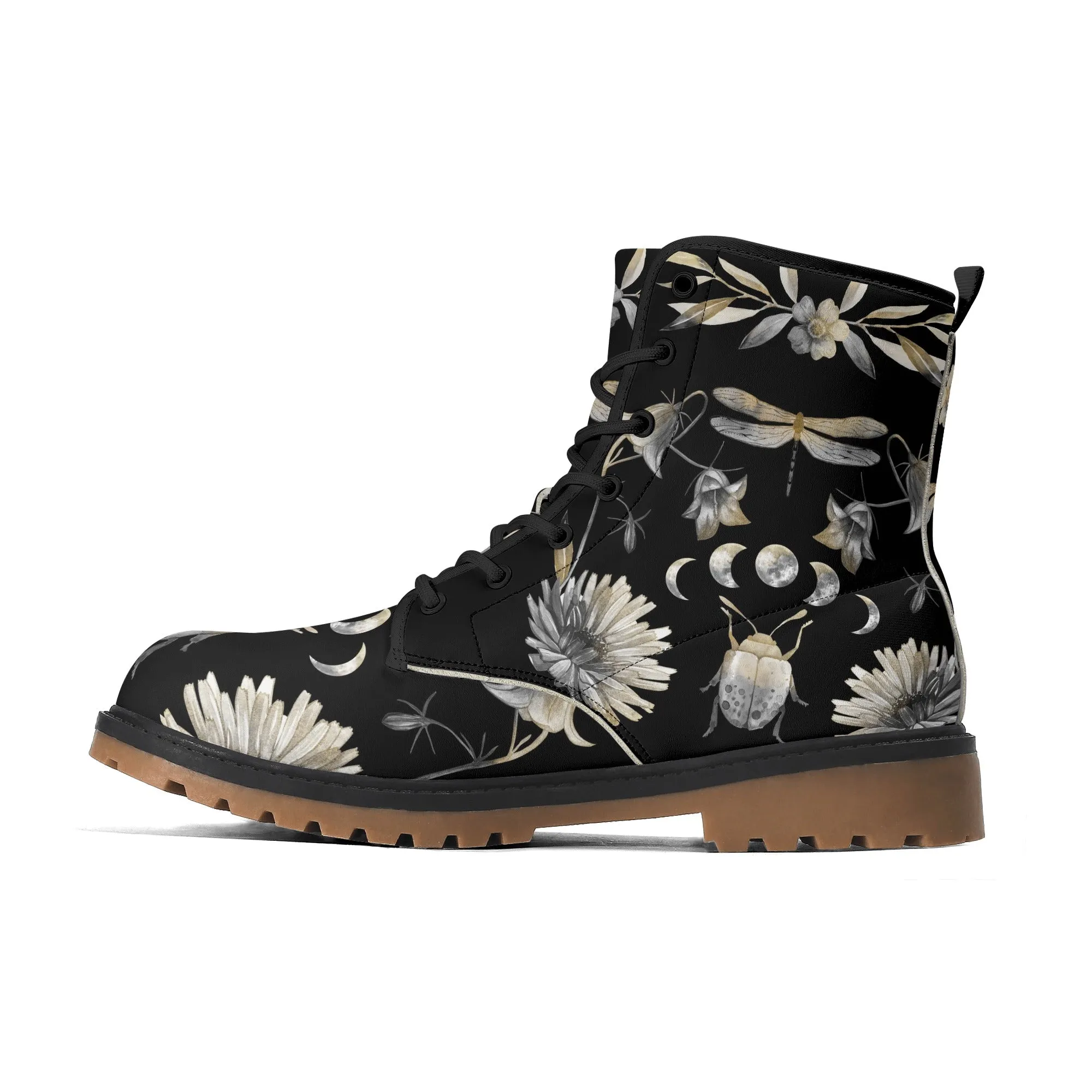Gray Beetle and Moon Phases Womens Luxe Combat Boots